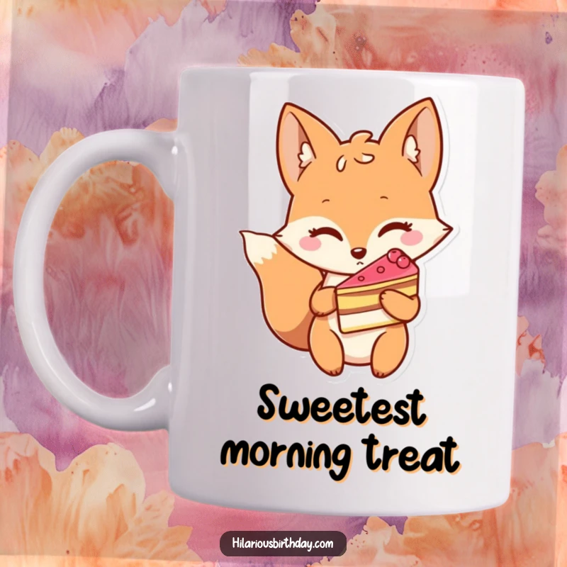 Funny mug featuring a winking fox character slyly holding a delicious slice of cake, embodying playful indulgence.