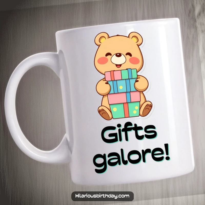 Funny mug with a smiling bear character joyfully balancing a tall stack of colorful presents, embodying festive happiness and generosity.
