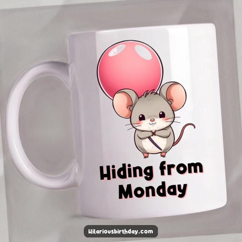 Funny mug showing a round mouse character playfully hiding behind a colorful balloon, conveying shyness and cheerful mischief.