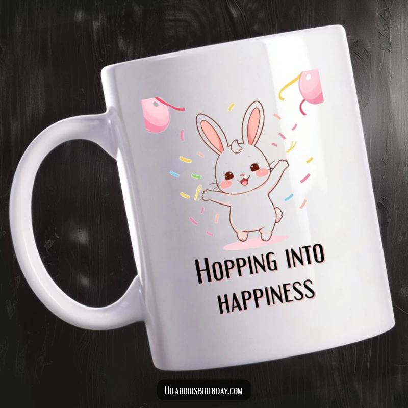 Funny kawaii rabbit character gleefully dancing while holding colorful streamers, perfect for a festive mug.