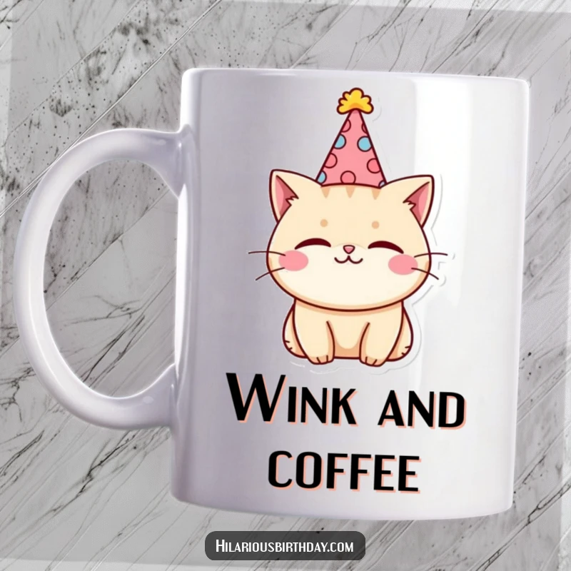 Funny kawaii cat character wearing a silly party hat and giving a charming wink, featured on a delightful mug.