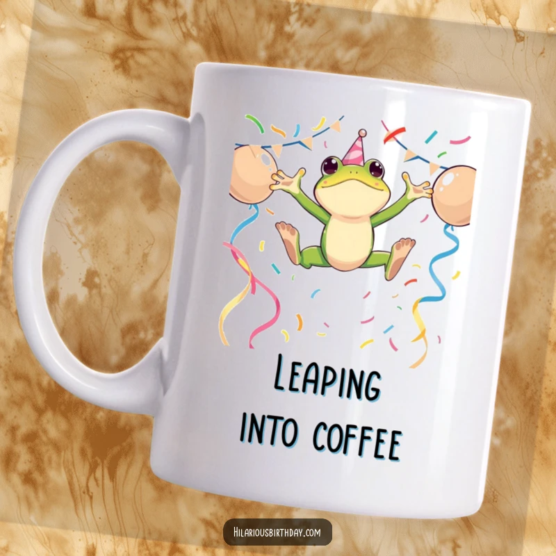 Funny mug showing an energetic frog character leaping enthusiastically over colorful party streamers, conveying excitement and fun.