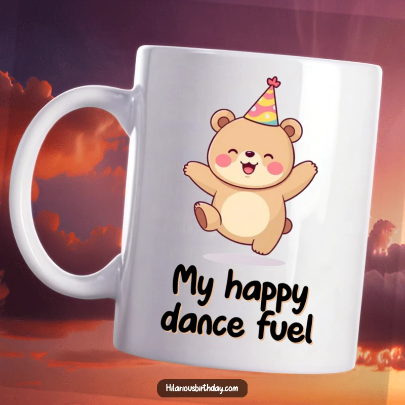 Funny kawaii bear in a party hat, joyfully jumping with excitement, a perfect funny gift for celebration lovers.