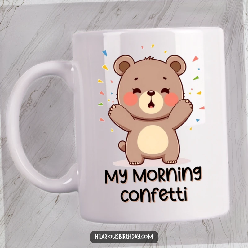 Funny mug featuring a gleeful Kawaii bear character playfully tossing a shower of colorful confetti with joy.