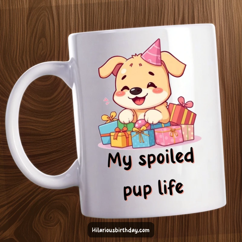 Funny kawaii dog mug, a smiling puppy joyfully playing with a mountain of colorful birthday presents, celebrating happiness.