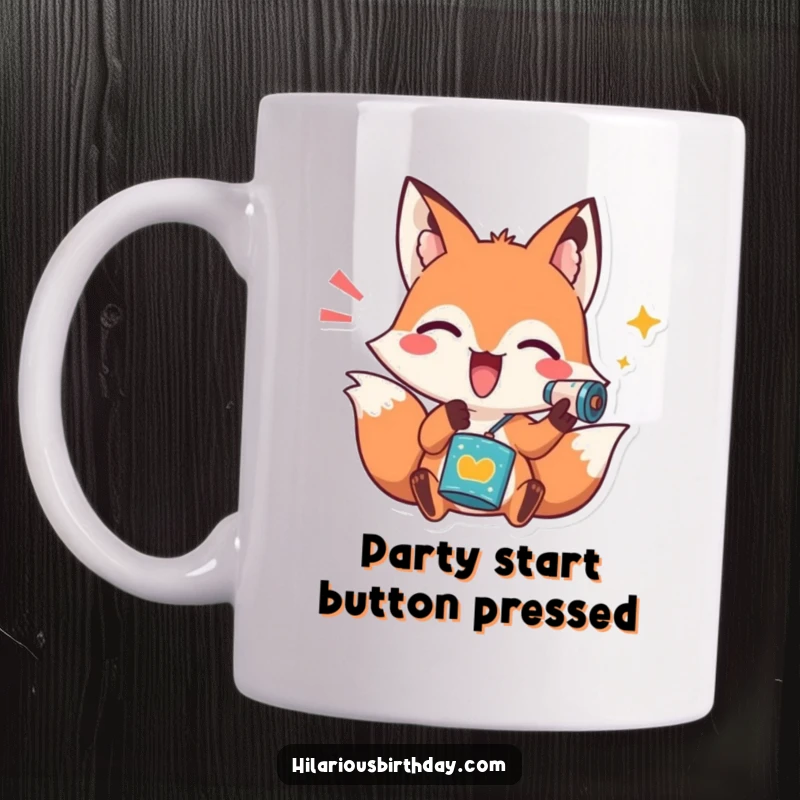 Funny mug featuring a playful fox character energetically shaking a noisemaker, conveying excitement and festive cheer.