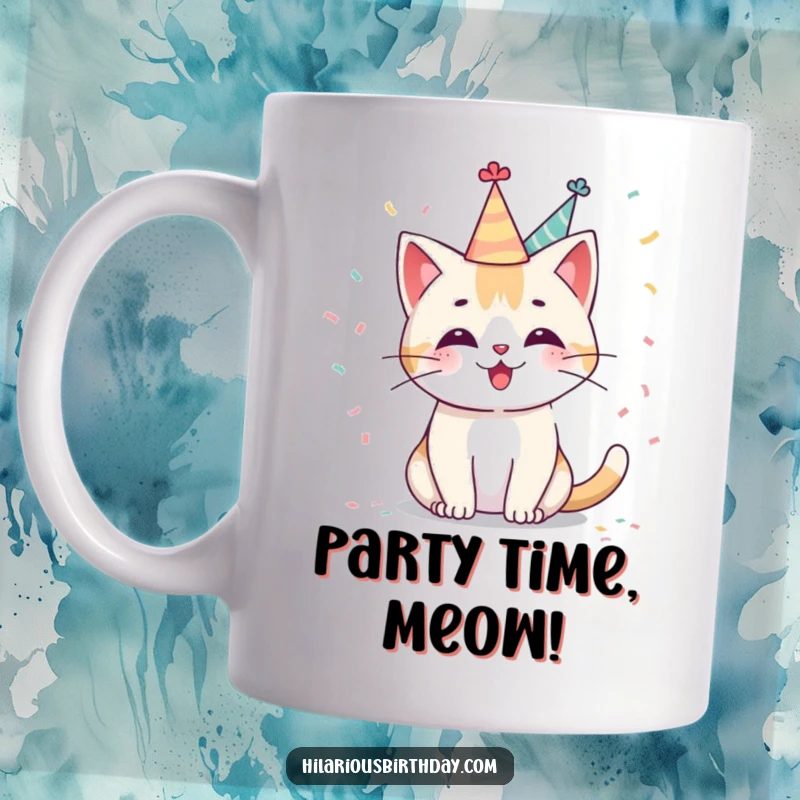 Funny Kawaii cat mug with a cute character wearing a party hat, playfully tossing confetti, radiating happiness and celebratory cheer.