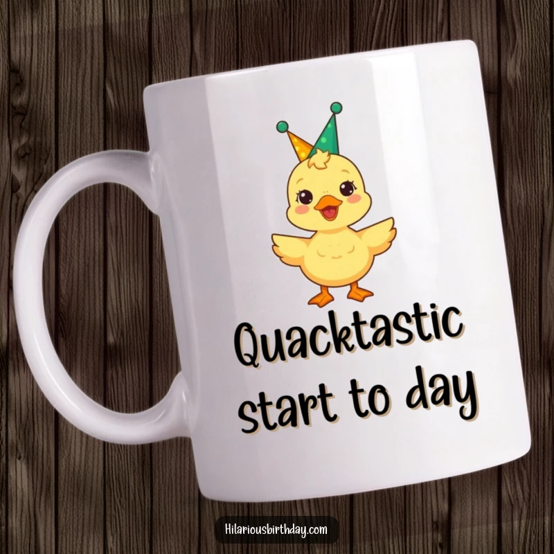 Funny delighted duckling wearing a party crown, quacking joyfully on this mug, celebrating good times.