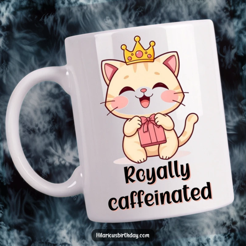 Funny mug featuring a delighted cat character wearing a small crown and holding a gift bag.