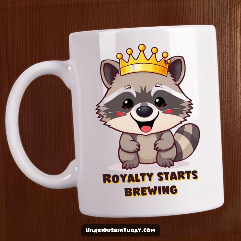 Funny happy raccoon character triumphantly wearing a shiny, golden crown with a proud grin on this humorous mug, a perfect funny gift.