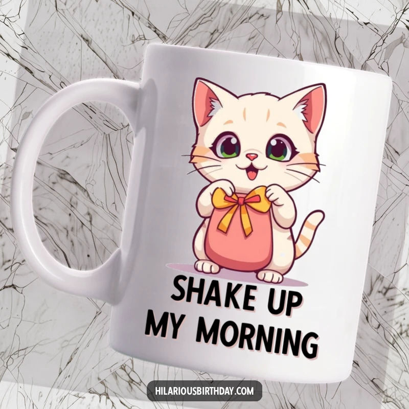 Funny kawaii cat mug, a wide-eyed kitty excitedly shaking a gift bag, anticipating a wonderful surprise.
