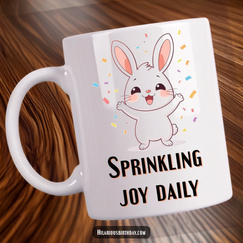 Funny cheerful rabbit enthusiastically tossing confetti in the air, on a mug, spreading funny joy, a great gift.