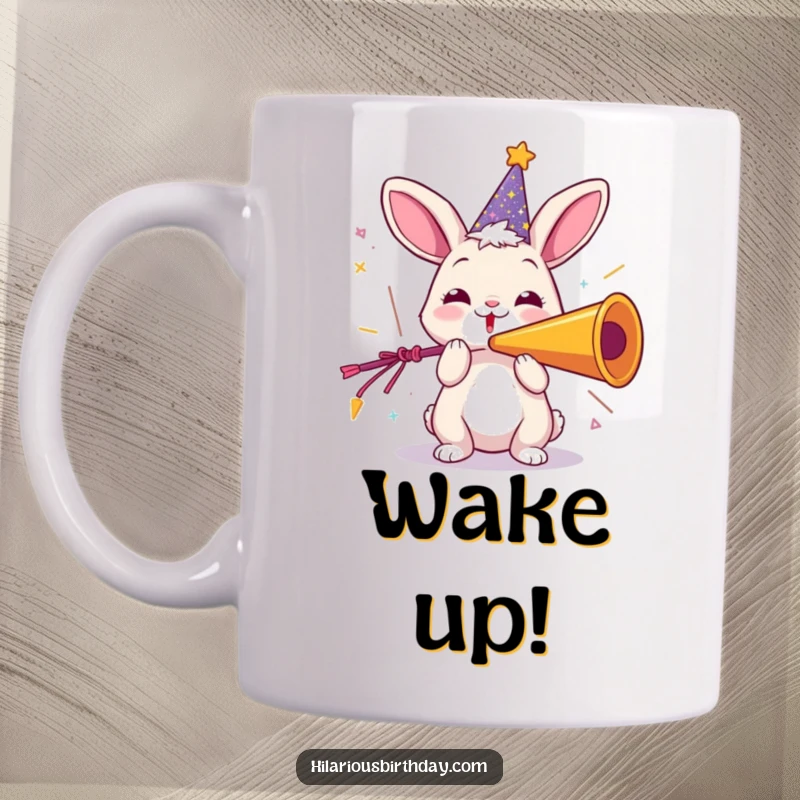 Funny mug depicting a playful rabbit in a sparkly party hat, joyfully blowing a giant party horn with enthusiasm.