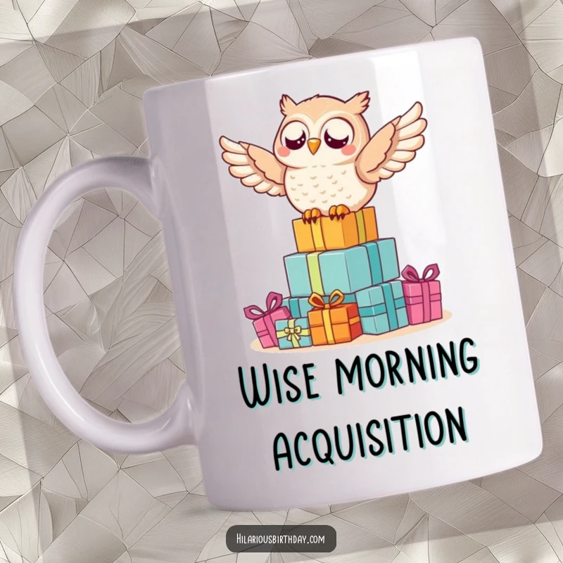 Funny owl mug shows a delighted owl happily riding on top of a large, colorful pile of wrapped gifts.