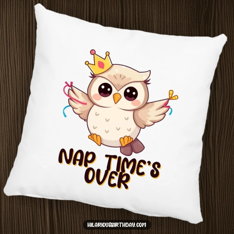 Funny whimsical owl character in a party crown flying with a streamer, printed on a soft, decorative pillow.