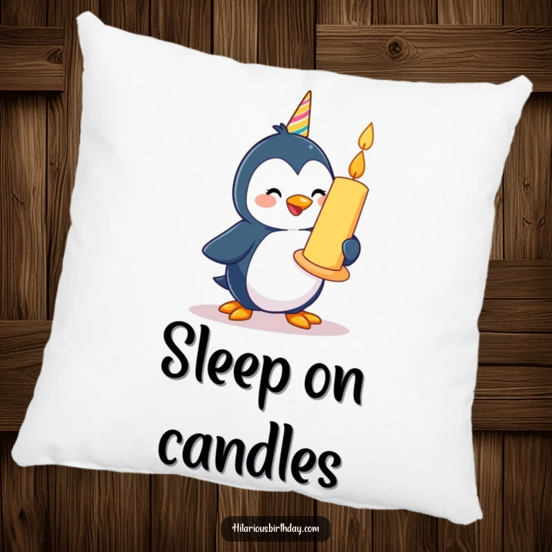 Funny happy penguin character waddling with a giant birthday candle, printed on a soft pillow.