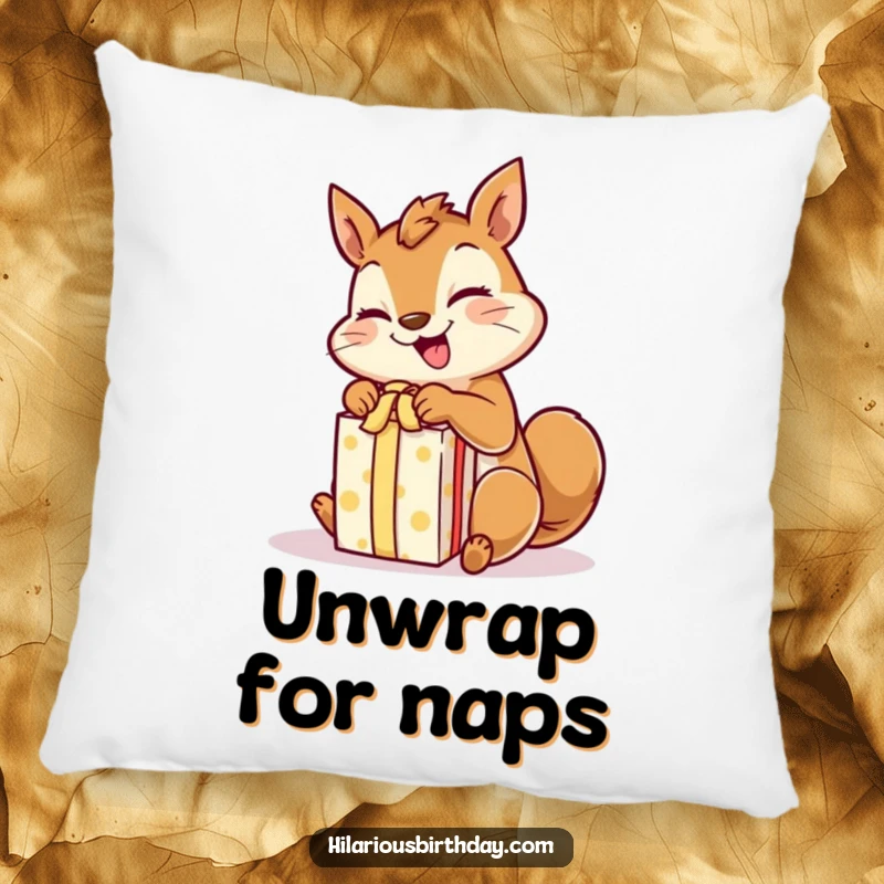 Funny giggling squirrel character rapidly unwrapping a gift, printed on a soft, decorative pillow.