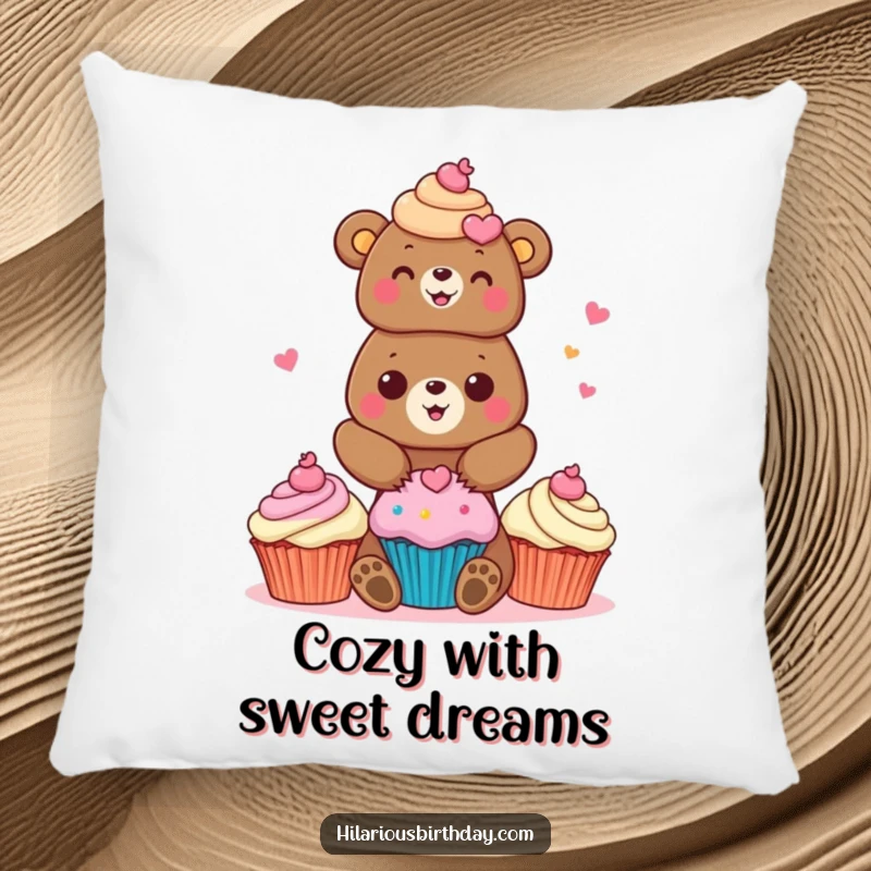 Funny bear pillow with a cheerful bear character stacking brightly colored cupcakes, providing sweet comfort.