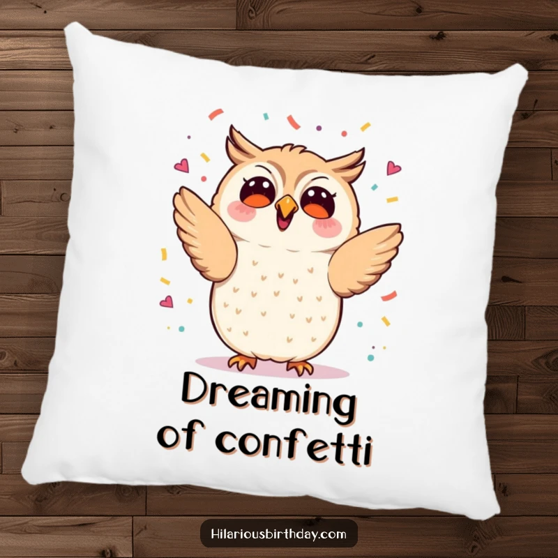 Funny kawaii owl tossing confetti, a soft and decorative pillow, perfect funny gift for home.
