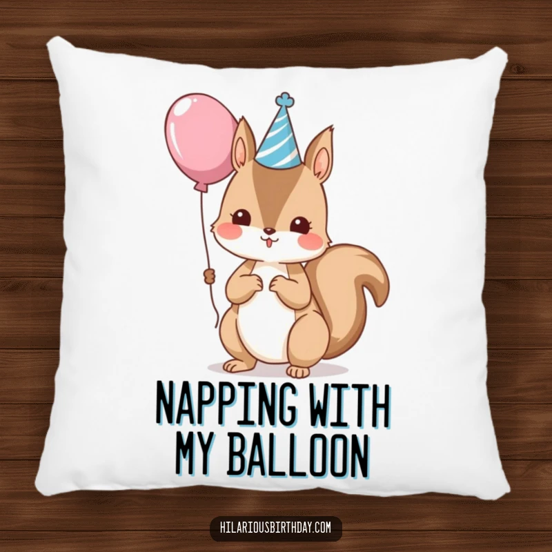 Funny kawaii squirrel holding a balloon, a soft and decorative pillow, perfect funny gift.