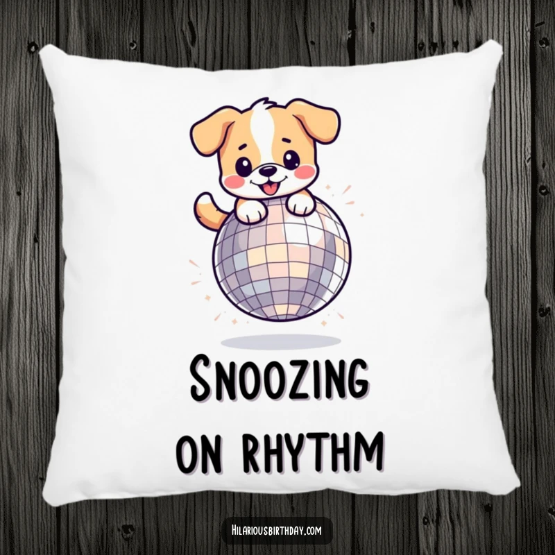 Funny kawaii dog character having fun on a giant disco ball, perfect for a comfortable and decorative pillow.