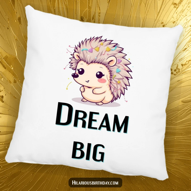 Funny Kawaii hedgehog covered in streamers and glitter on a soft pillow, perfect for cozying up.