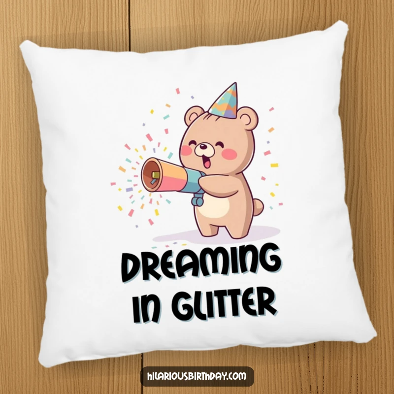 Funny kawaii bear character happily throwing confetti from a party cannon, perfect for a soft and decorative pillow.
