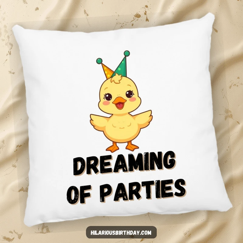 Funny duckling wearing a party crown, quacking joyfully, this pillow is a symbol of cozy celebration and happiness.