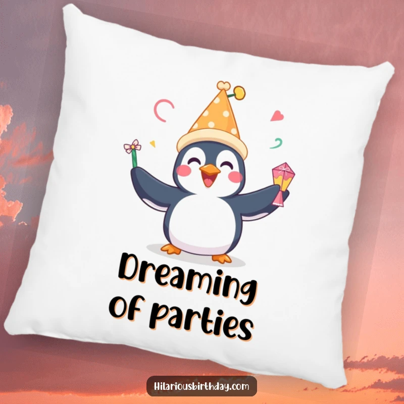 Funny pillow with a happy penguin in a festive hat, gleefully juggling party favors, perfect for comfortable celebrations.