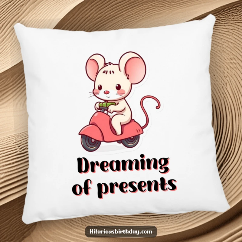 Funny kawaii mouse character riding a small, unwrapping gift, perfect for a soft and decorative pillow.