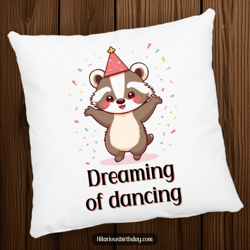 Funny pillow with a cute badger wearing a sparkly hat, dancing enthusiastically amongst confetti, perfect for comfortable celebrations.