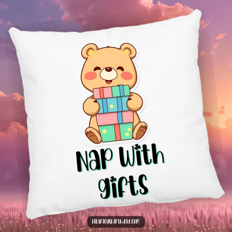 Funny bear pillow with a smiling character joyfully balancing a stack of presents, a soft, cozy, and humorous decorative item.
