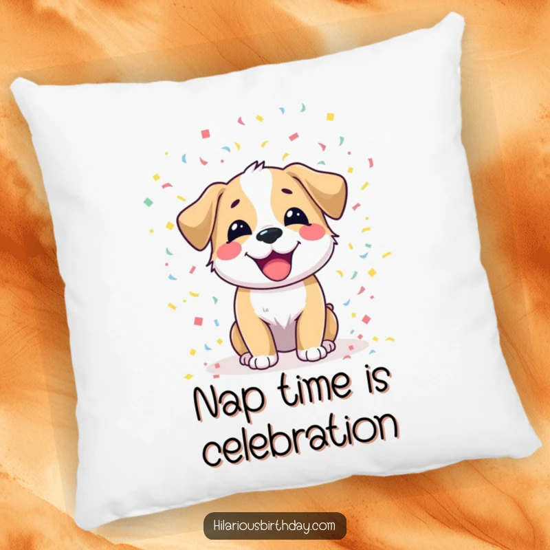 Funny dog pillow with a joyful dog character scattering colorful confetti, offering comfort and a splash of fun.