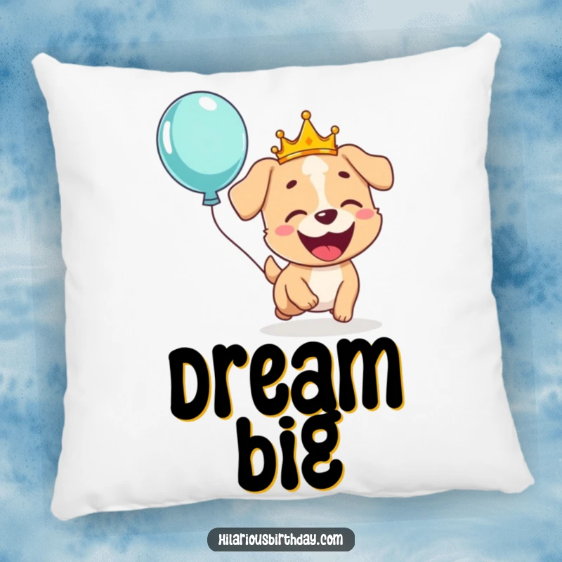 Funny pillow featuring a giggling dog wearing a crown, gleefully chasing a floating balloon, perfect for adding playful decor.