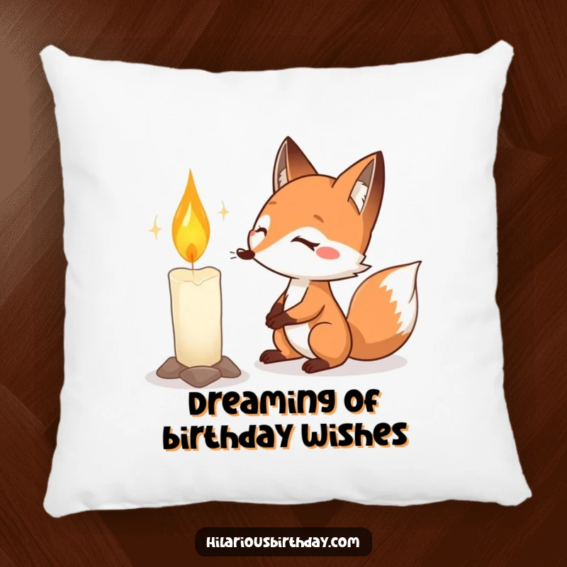Funny fox birthday pillow featuring a determined fox intensely trying to blow out a very large birthday candle.