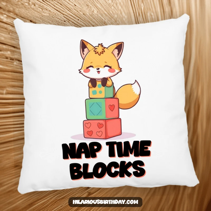 Funny pillow featuring a giggling fox character precariously stacking colorful party blocks.