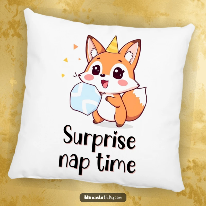Funny fox popping a party popper with a surprised expression, on a soft pillow, bringing funny, exciting comfort.