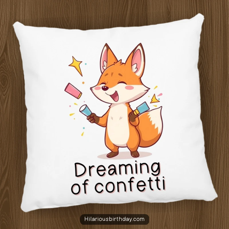 Funny pillow featuring a gleeful fox character juggling exploding party poppers, a humorous and cozy accent piece.