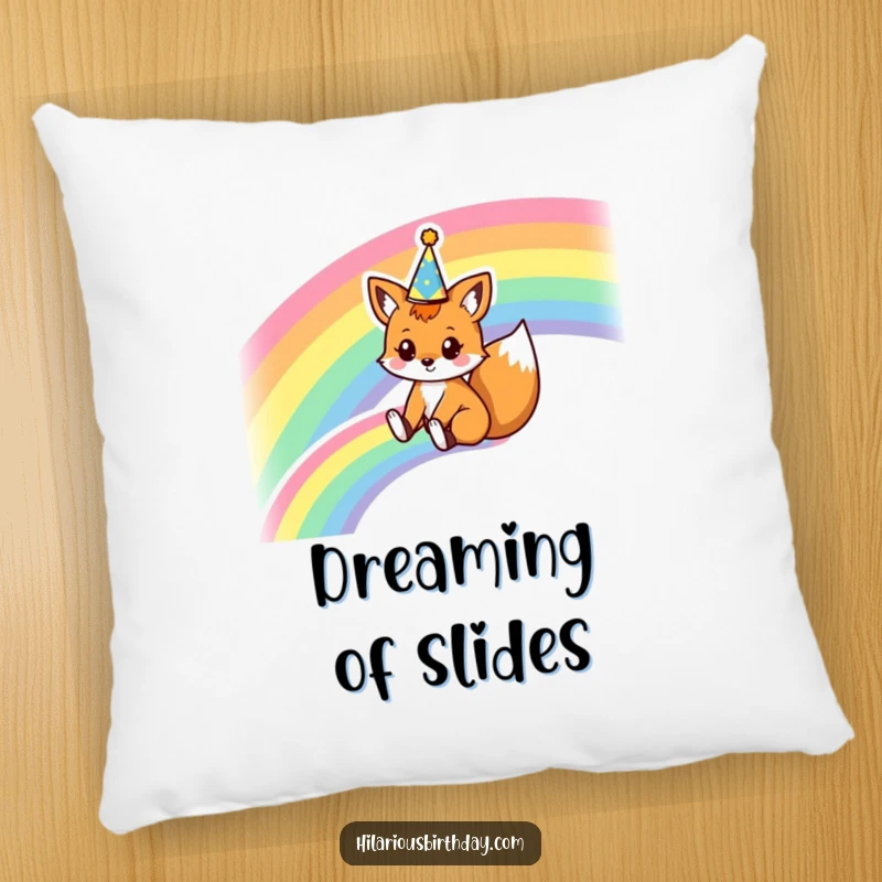 Funny pillow featuring a kawaii fox character sliding down a rainbow wearing a party crown, offering comfort and a dose of whimsical humor.