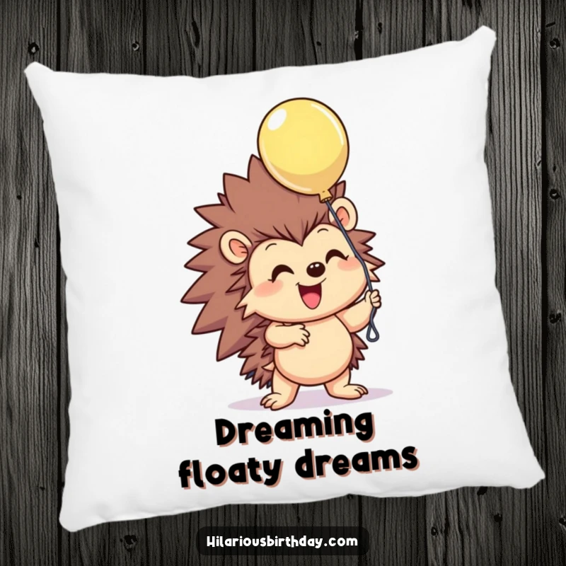 Funny smiling hedgehog character excitedly grasping a floating balloon on this soft pillow, adding a touch of pure joy, perfect funny gift.