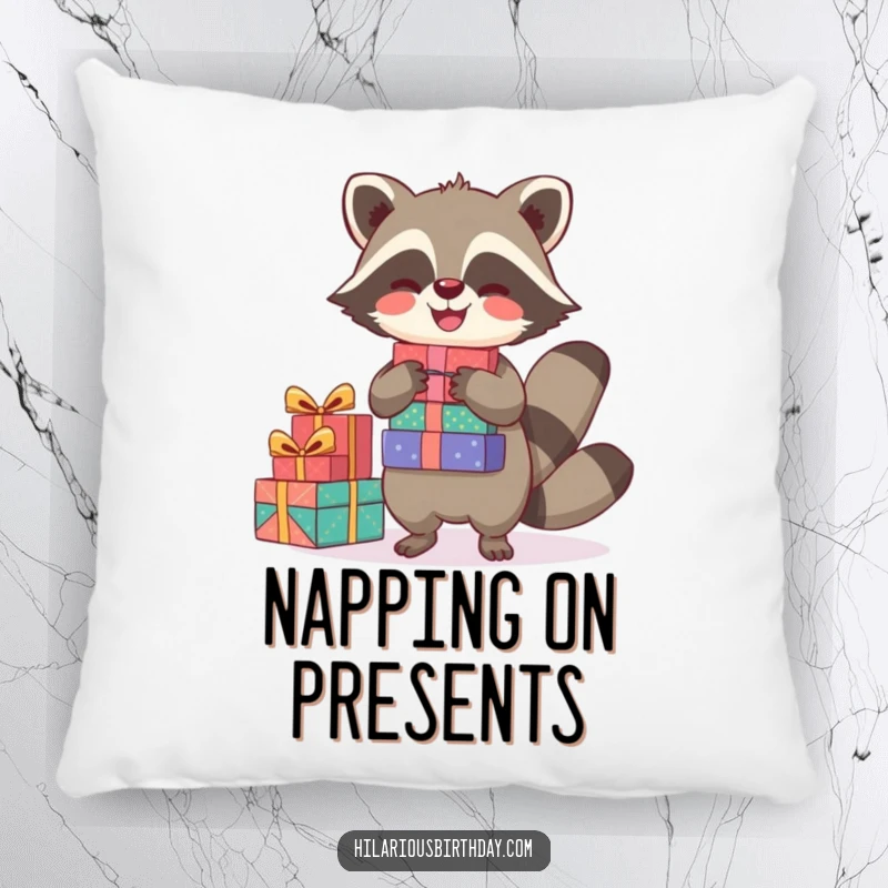 Funny pillow with a joyful raccoon character balancing a stack of presents, combining comfort with a festive, giving theme.