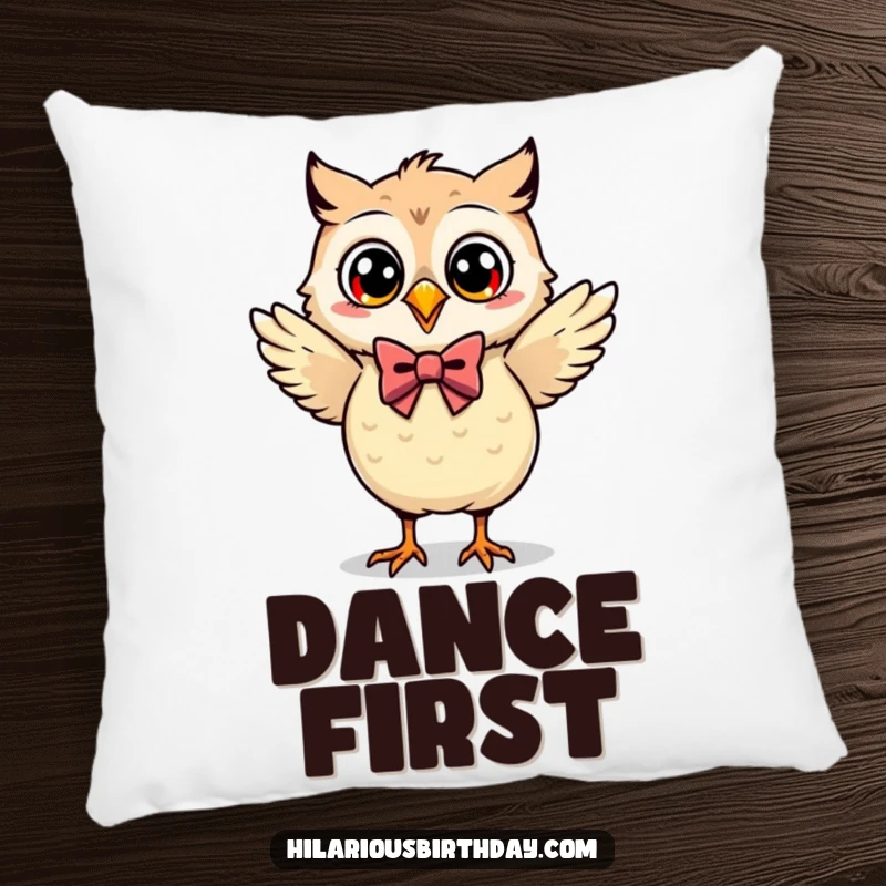 Funny Kawaii owl with a bow tie, dancing happily, depicted on a soft pillow, perfect for a funny gift.