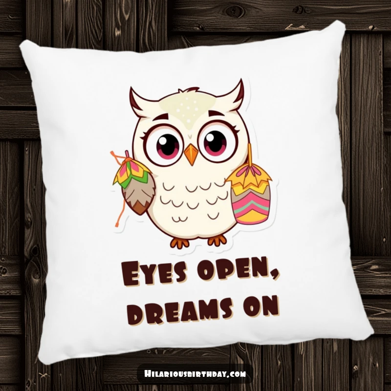 Funny Kawaii Owl Pillow: A cute, wide-eyed owl character is comically surprised by a piñata, offering soft, humorous decor and a great funny gift.