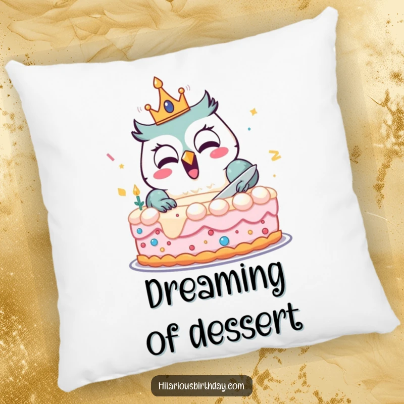 Funny pillow with a delighted owl wearing a birthday crown, joyfully cutting a large cake, perfect for comfortable celebrations.