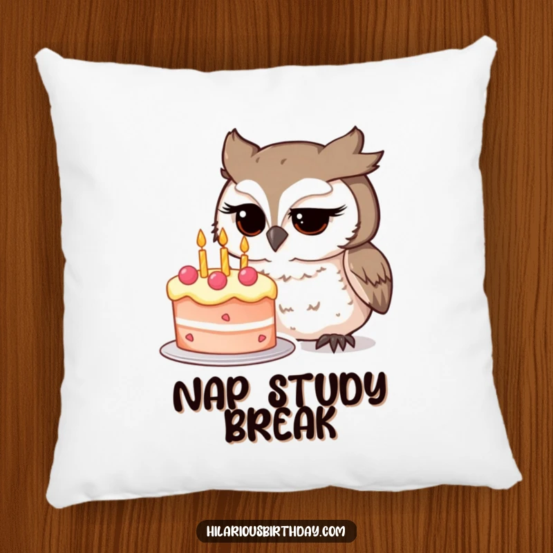Funny owl character intently studying a whimsical birthday cake on this soft pillow, adding a touch of cozy humor, perfect funny gift.