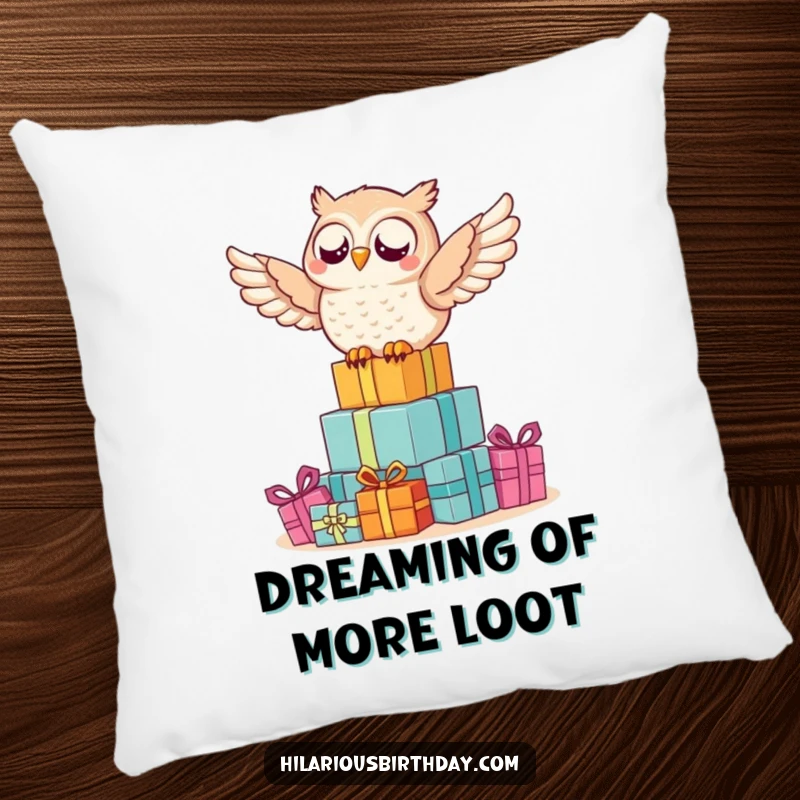 Funny owl pillow with a delighted owl happily perched on top of a large, colorful pile of wrapped gifts.