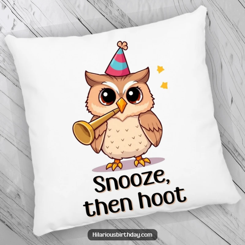Funny pillow featuring a cheerful owl in a party hat, blowing a trumpet.
