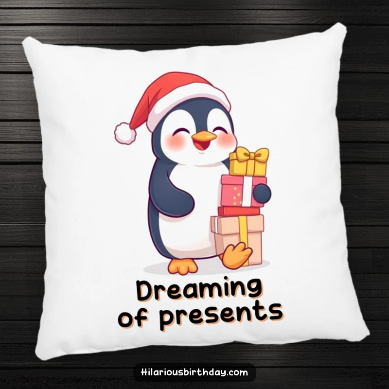 Funny decorative pillow showcasing a charming, giggling penguin precariously balancing a stack of colorful gifts.