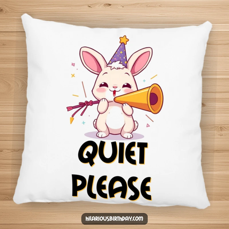 Funny pillow featuring a playful rabbit in a party hat, joyfully blowing a giant party horn, perfect for adding festive charm.