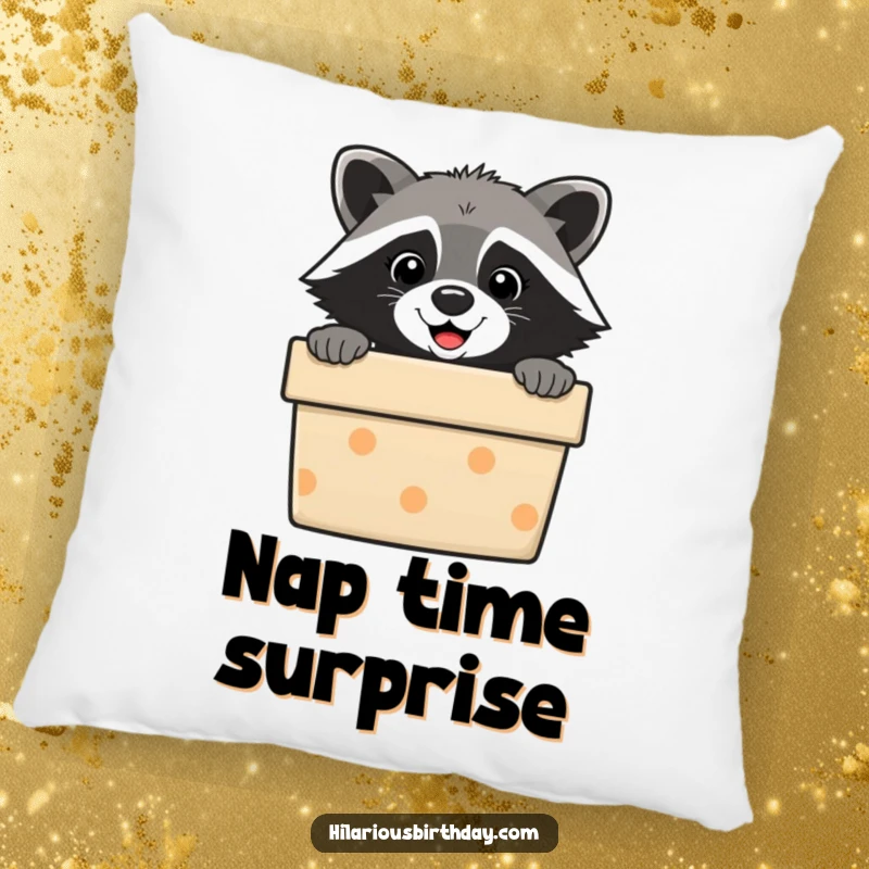 Funny raccoon pillow, a sweet masked animal peeking out from a colorful gift box. Soft and humorous decor.